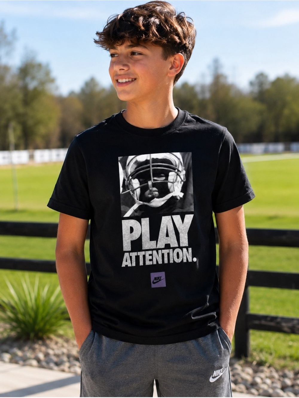 Nike Youth Large Black/White "Play Attention" Football Graphic Short Sleeve Tee